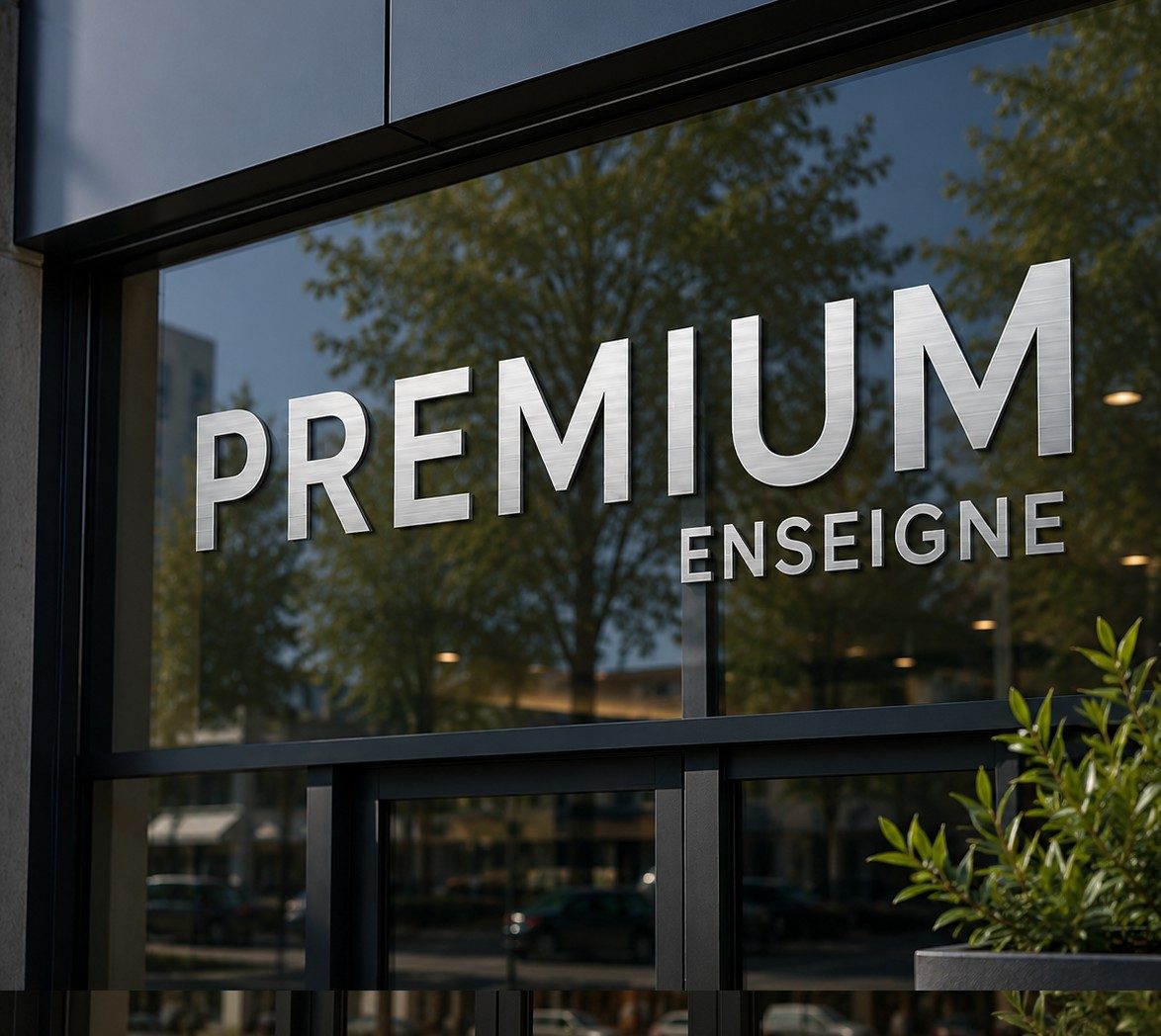 enseigne dibond brossés argent vitrine